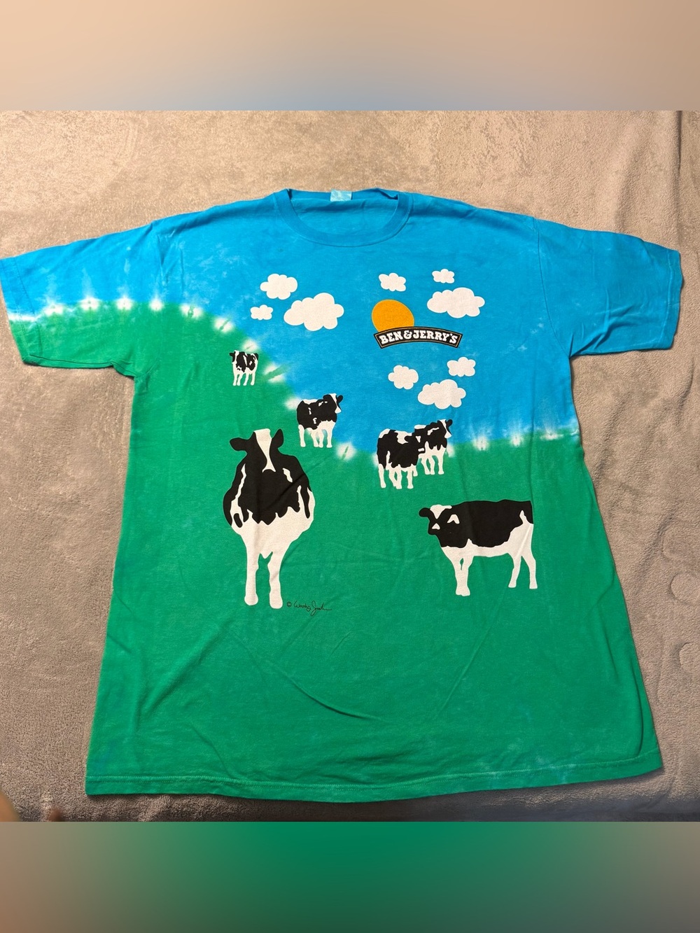 Vintage Ben & Jerrys Euphoria AOP Cows Tie-Dye T-Shirt Men's 2XL Green Blue Y2K